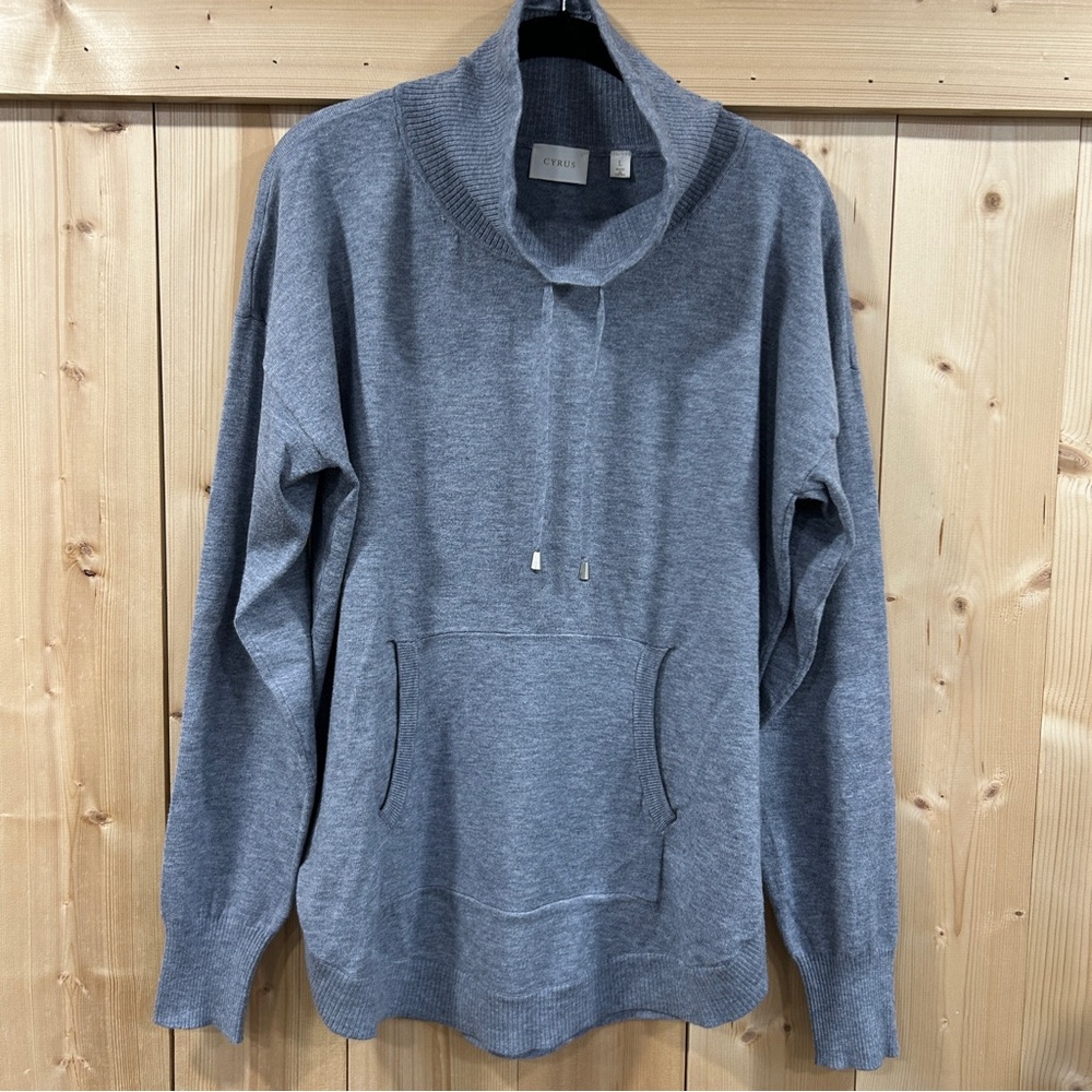 Cyrus Cowl Neck Knit Tunic Sweater with Pocket – Heather Blue/Gray, L